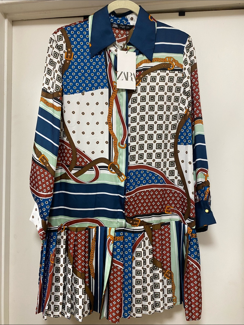 Zara Multicolor Printed Long Sleeve Shirt Dress — Blue, White, Brown, Green